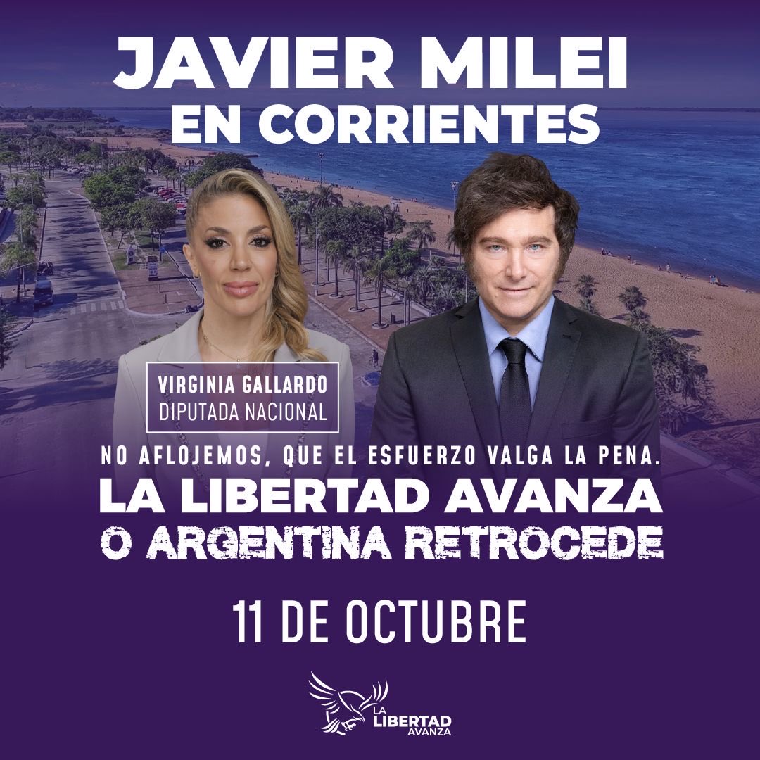 virchugallardo's tweet image. ESTE SABADO 11 EL PRESIDENTE JAVIER MILEI ESTARÁ EN CORRIENTES!!!

No aflojemos. Que el esfuerzo valga la pena. La Libertad Avanza o Argentina retrocede.
