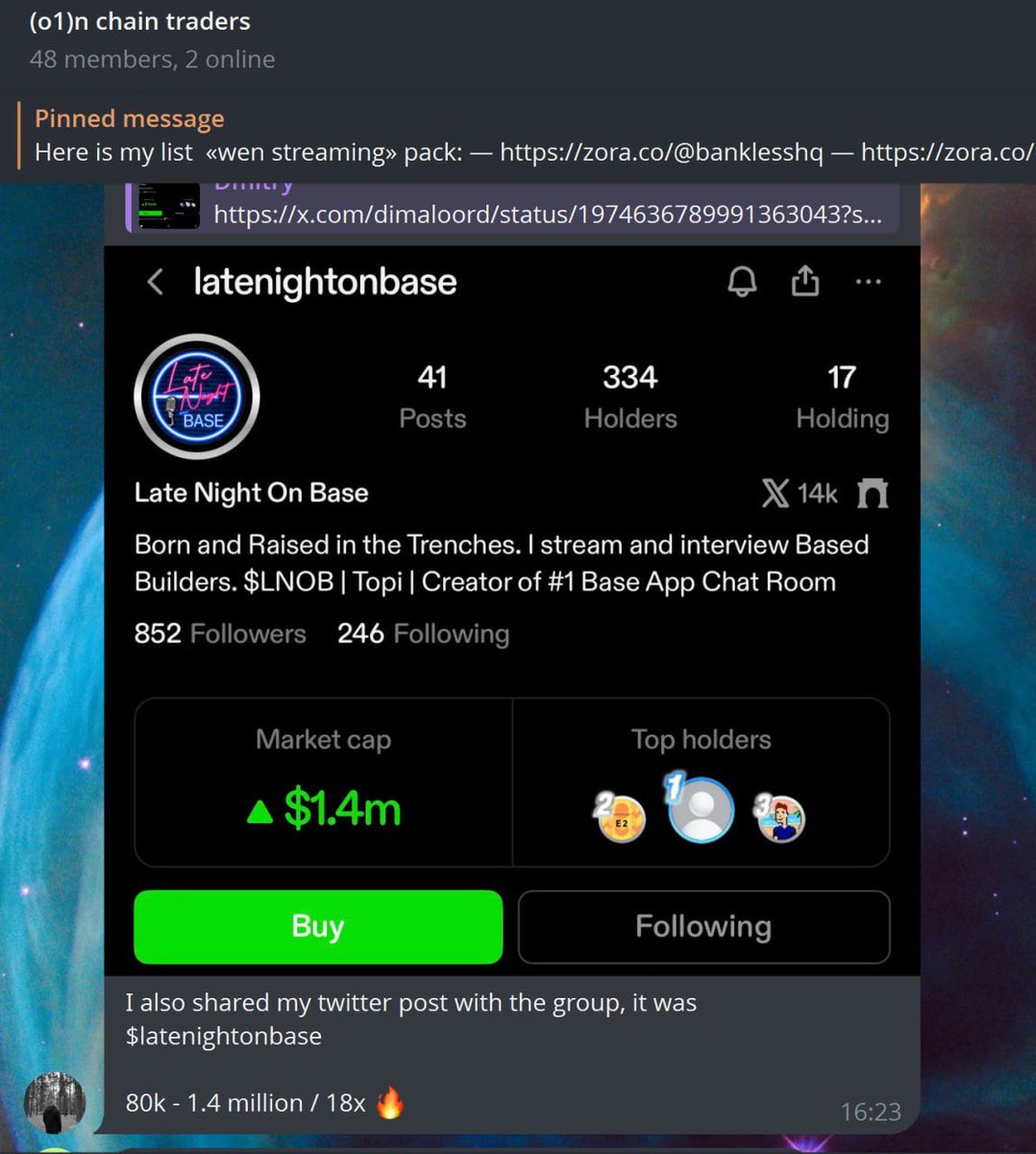 congrats to <a href="/DimaLoord/">Bossman.Base</a> on catching the outperformer on <a href="/zora/">$zora</a> 

<a href="/o1_exchange/">o1.exchange</a> traders stay winning
