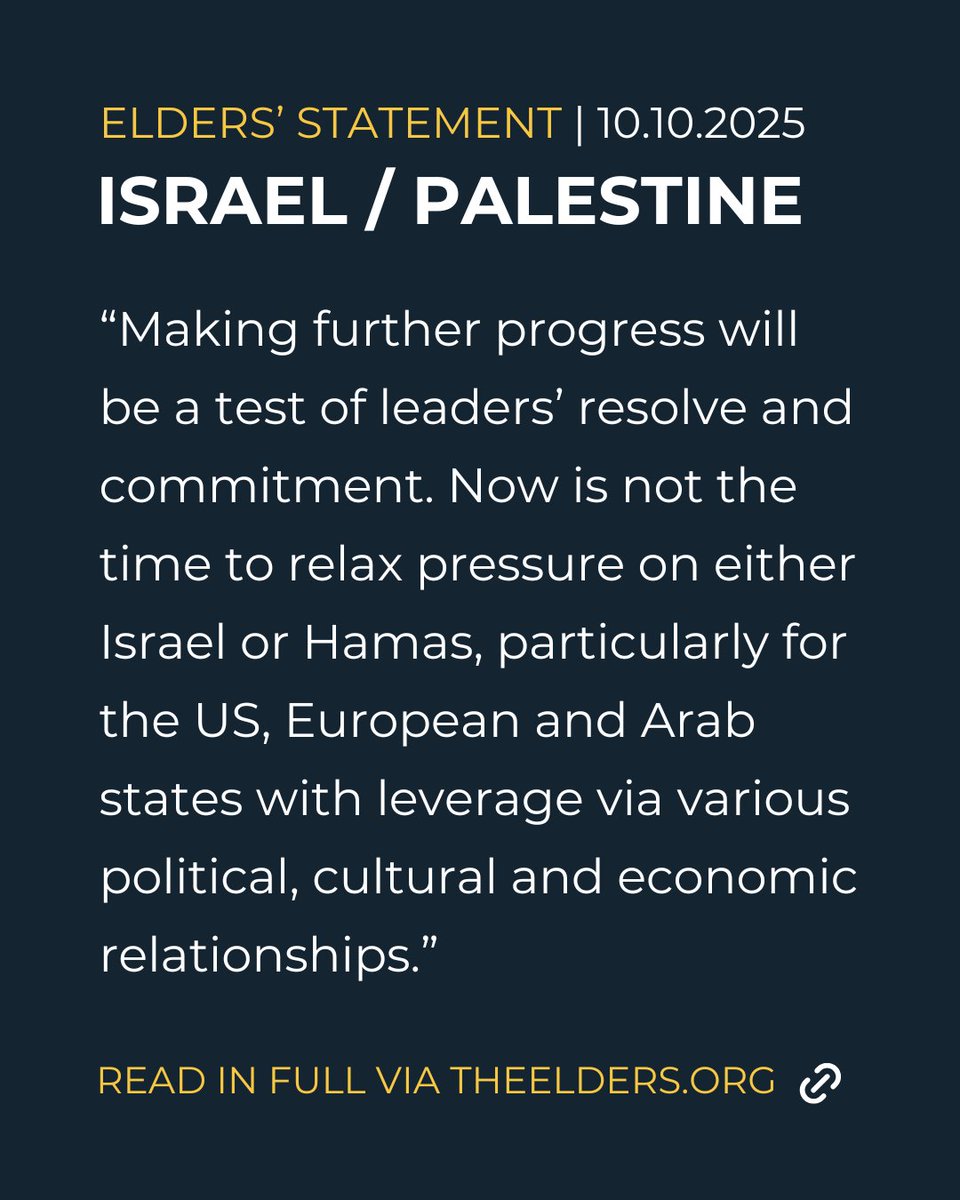 ELDERS’ STATEMENT | US deal must stop Gaza genocide, end occupation and build a just two-state solution

The ceasefire is a welcome step - but it must be built upon. The Elders set out what’s needed next to achieve a just and lasting peace ⬇️

theelders.org/news/us-deal-m…