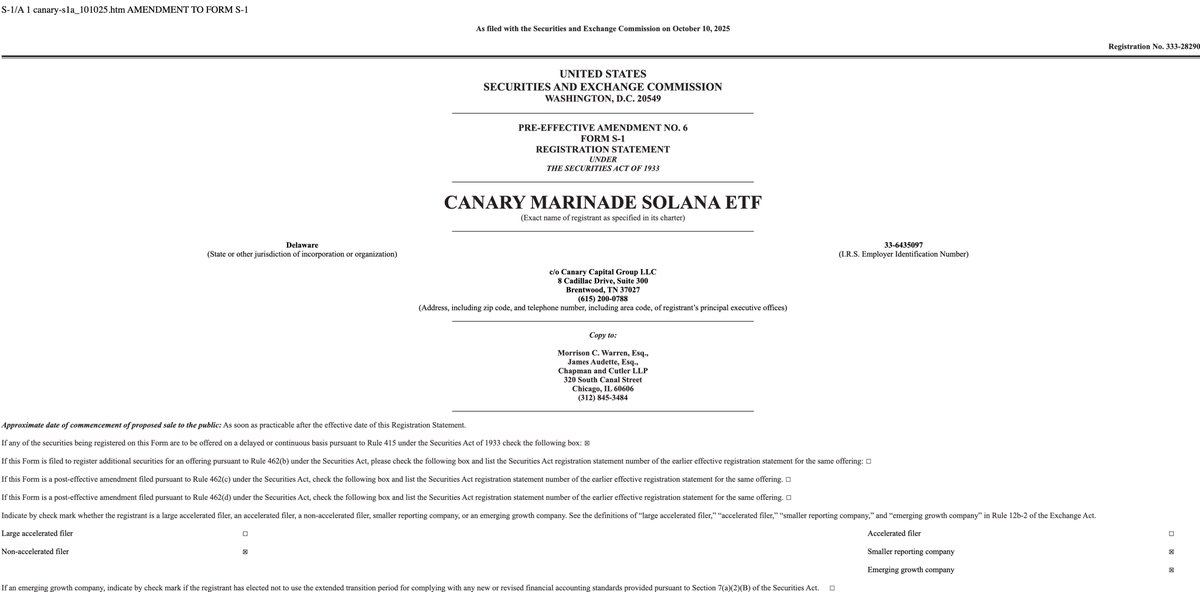 Canary Marinade Solana ETF 수정본의 SEC 제출 표지