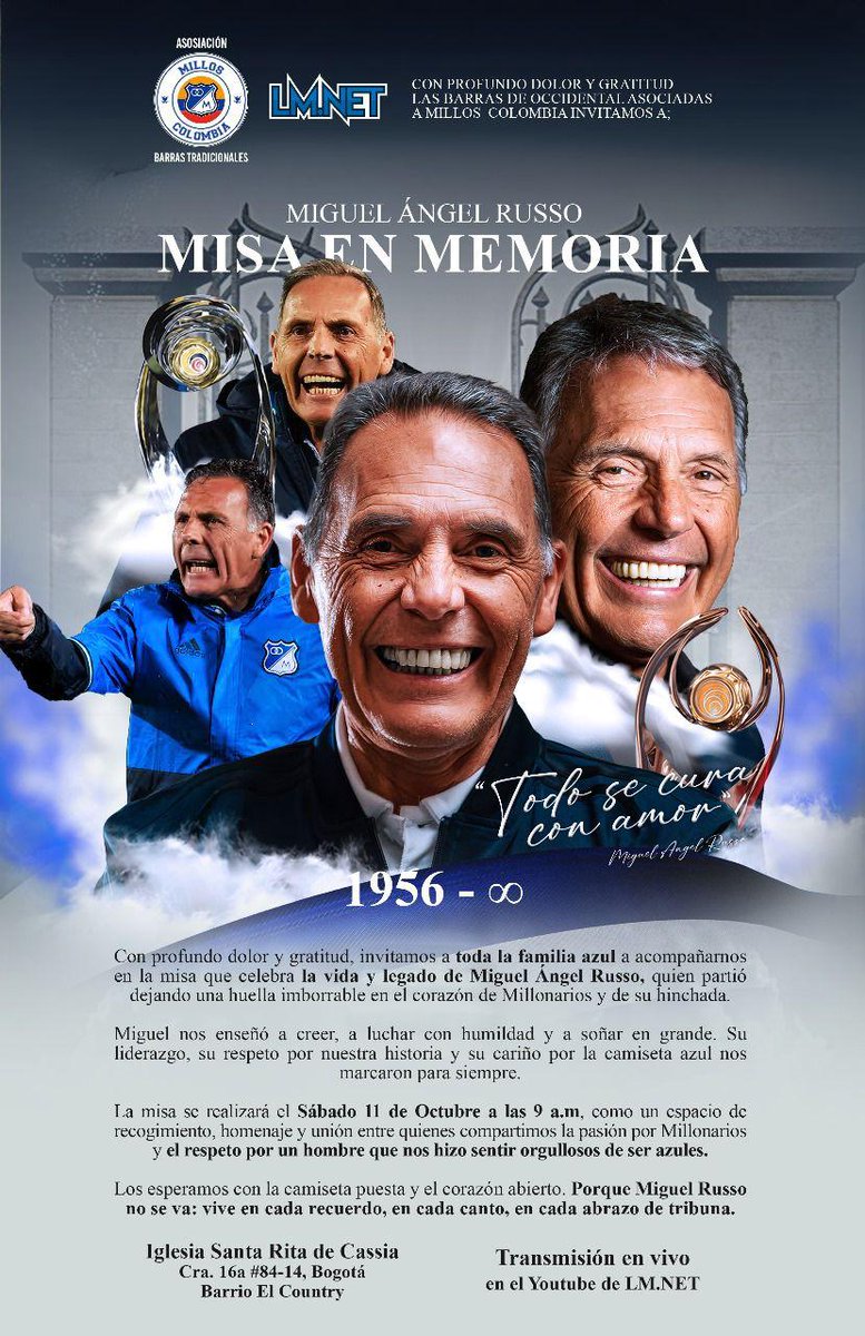 Extendemos la invitación a la familia embajadora para asistir a la misa en memoria de Miguel Ángel Russo 💙🙏🏻🕊️♾️ de manera presencial o virtual por medio del YouTube de <a href="/losmillonarios/">LosMillonarios.Net ( LM.Net ) ⭐️16</a> 

#MillonariosEsSuHinchada
#Unibam