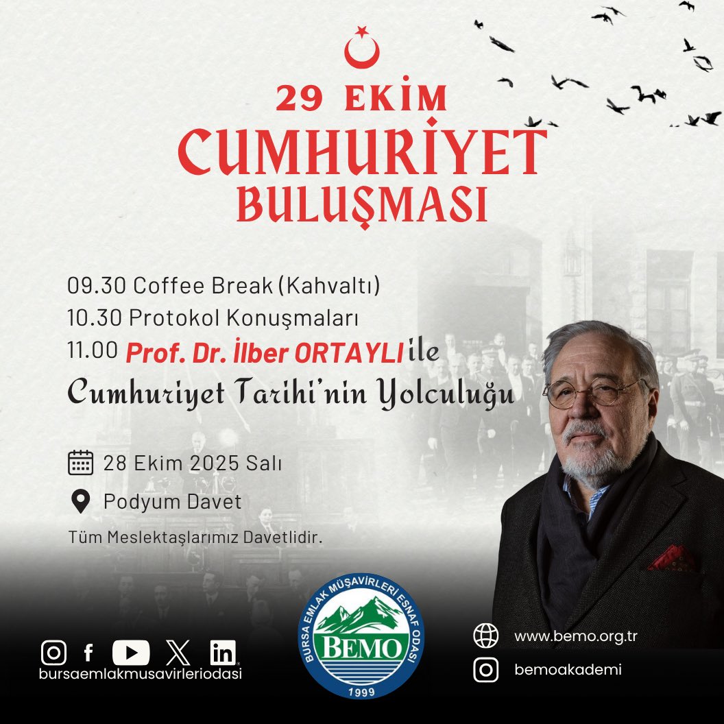 Cumhuriyetimizin 102. yılını, geçmişin ışığı ve geleceğin vizyonuyla karşılıyoruz. 🇹🇷
Bursa Emlak Müşavirleri Odası olarak düzenlediğimiz
“29 Ekim Cumhuriyet Buluşması”, Cumhuriyetimizin köklü değerlerini onurlandırmak ve geleceğe ilham taşımak amacıyla sizleri bu özel etkinliğe