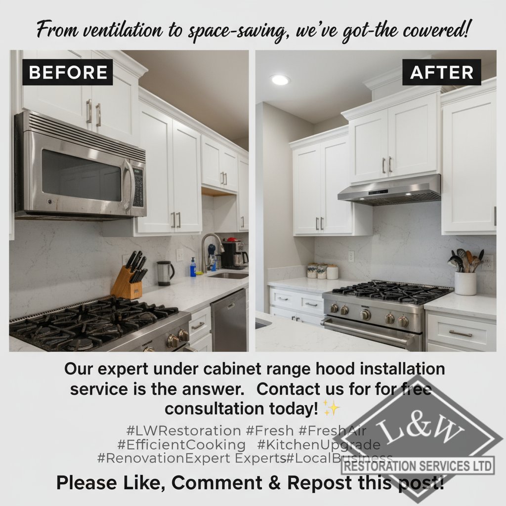 l_wrestoration's tweet image. From ventilation to space-saving, we've got you covered! Our expert under cabinet range hood installation service is the answer. Contact us for a free consultation today! ✨ #LWRestoration #FreshAir #EfficientCooking #KitchenUpgrade #RenovationExperts #LocalBusiness 𝗣𝗹𝗲𝗮𝘀𝗲