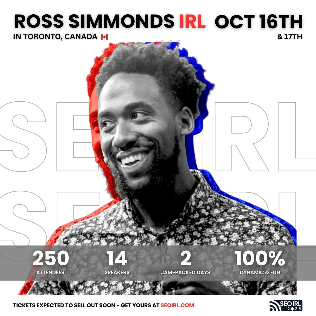 Toronto is about to host Canada’s largest SEO conference, and @thecoolestcool is bringing the heat. 🔥

At SEO IRL, Oct 16–17, Ross will break down how to win long term in the age of AI with a distribution-first strategy. 

Expect two days of energy, insights, and connections