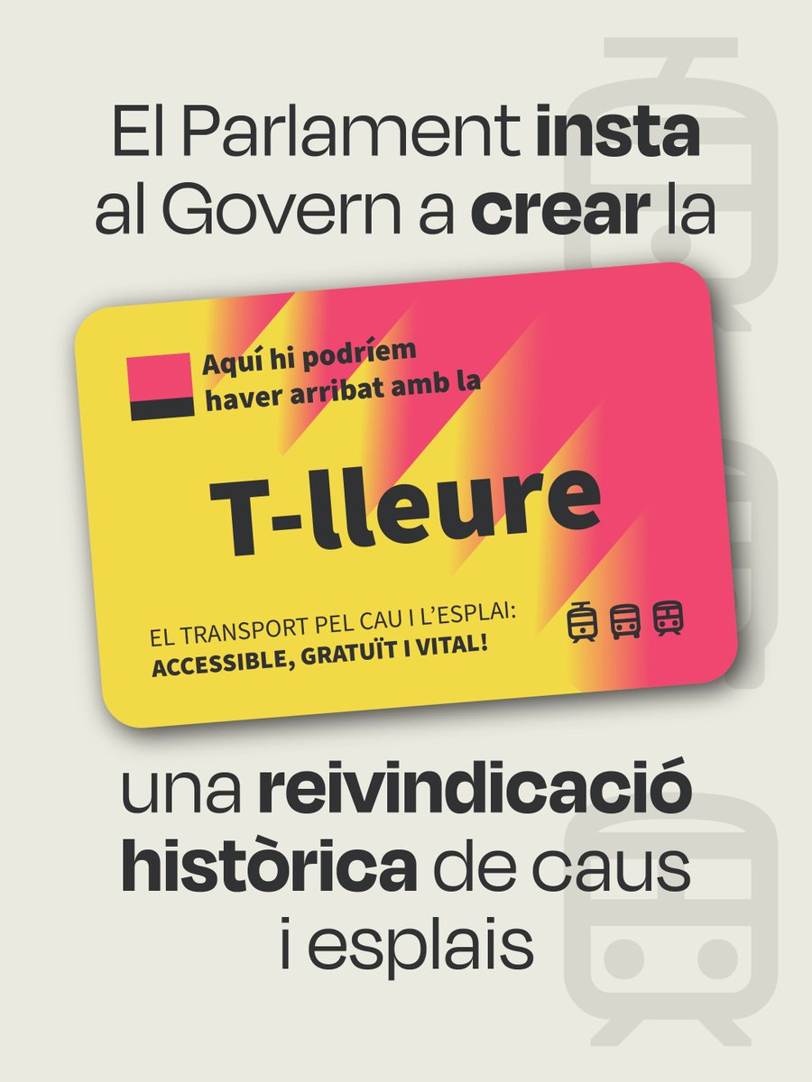 Consell Nacional de la Joventut de Catalunya (@cnjcat) on Twitter photo Ahir, al debat de política general, el Parlament va instar el Govern a crear la T-LLEURE🎫
Un títol de transport multizona, multipersonal, intermodal i amb un preu assequible🚆🚌 per a caus i esplais. Un pas més per facilitar que caus i esplais es moguin per tot el territori Ahir, al debat de política general, el Parlament va instar el Govern a crear la T-LLEURE🎫
Un títol de transport multizona, multipersonal, intermodal i amb un preu assequible🚆🚌 per a caus i esplais. Un pas més per facilitar que caus i esplais es moguin per tot el territori