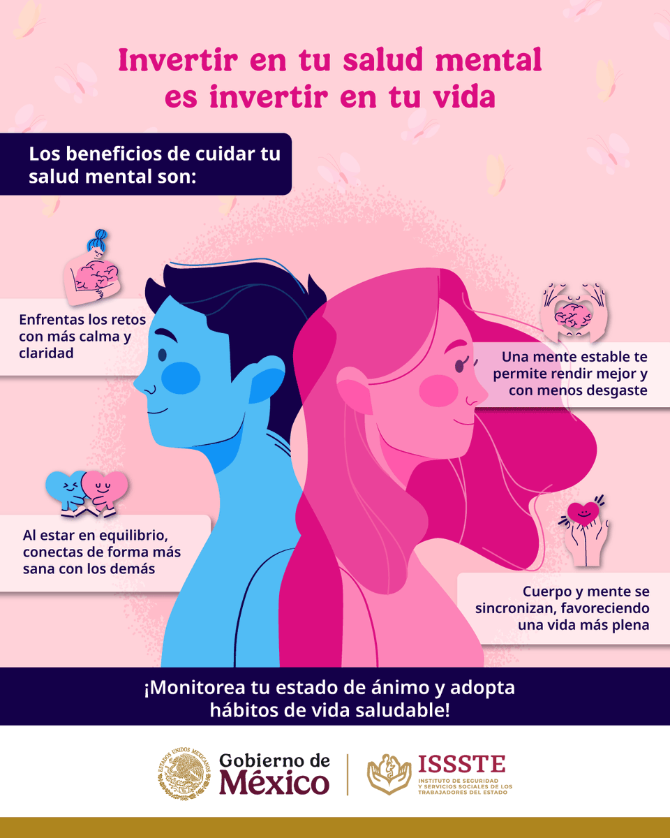 ISSSTE_mx's tweet photo. 🤓👍🏻 Cuidar tu salud mental trae múltiples beneficios a tu vida ✅✨ y a la de las personas que te rodean, como:

🫂 Mejorar la relación que tienes contigo mismo y con los demás
📈 Aumento de la energía y productividad
🤓 Mejorar la capacidad de toma de decisiones
🤩 Mayor sensación de felicidad y plenitud
🧐 Mejor control  y manejo de los sentimientos, emociones y situaciones no tan agradables

💪🏼😉 La persona más poderosa es aquella que tiene conocimiento y control de sí mism@. 🧠✨