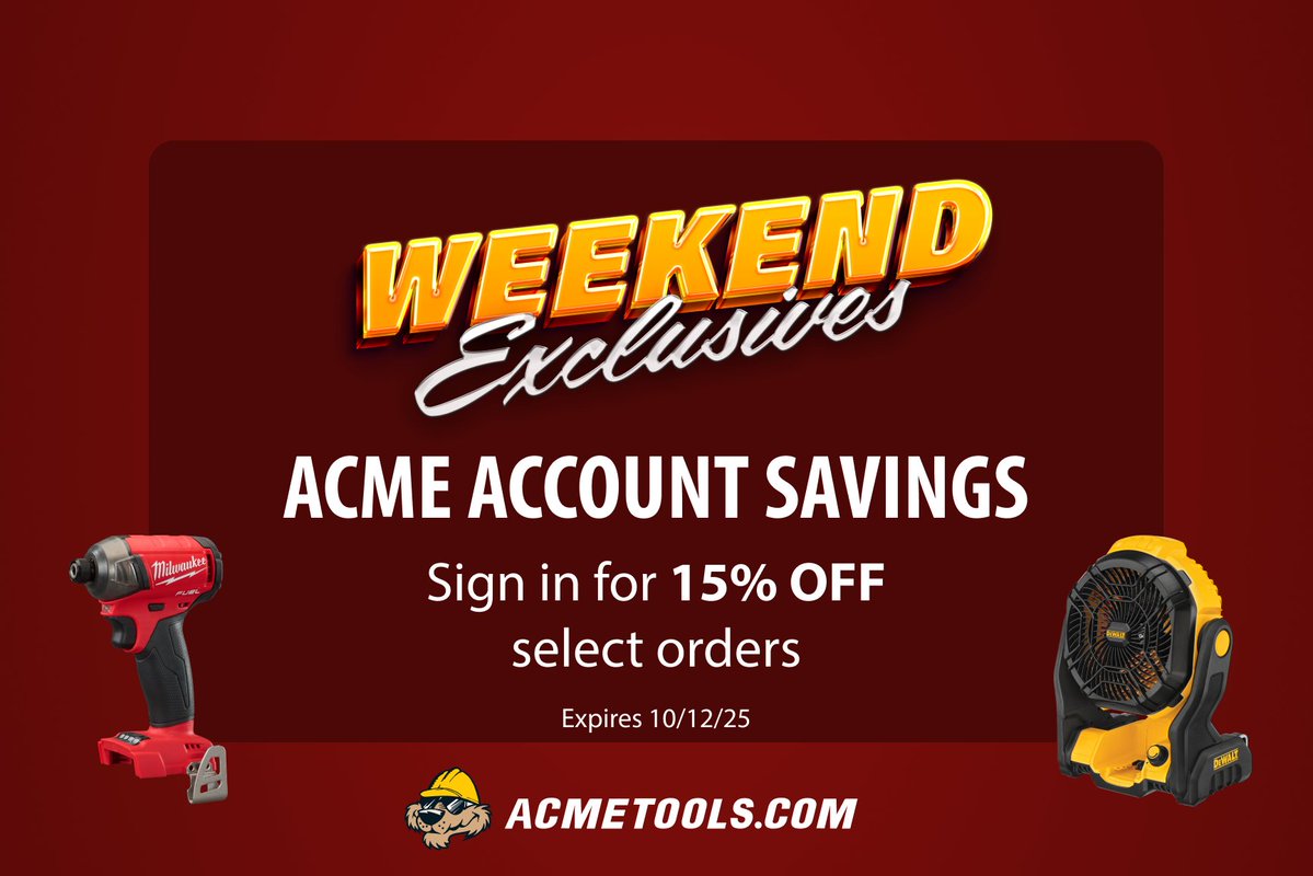 It's time for the Weekend Rush! 🚀

Registered Account Members save an extra 15% OFF select online orders!

Use Code: WEEKENDRUSH
ENDS Sunday, October 12th!

Not a member? Sign up instantly to save: acmetools.com/login/

Shop now: acmetools.com/all/?pmid=25b1…

#weekendrush