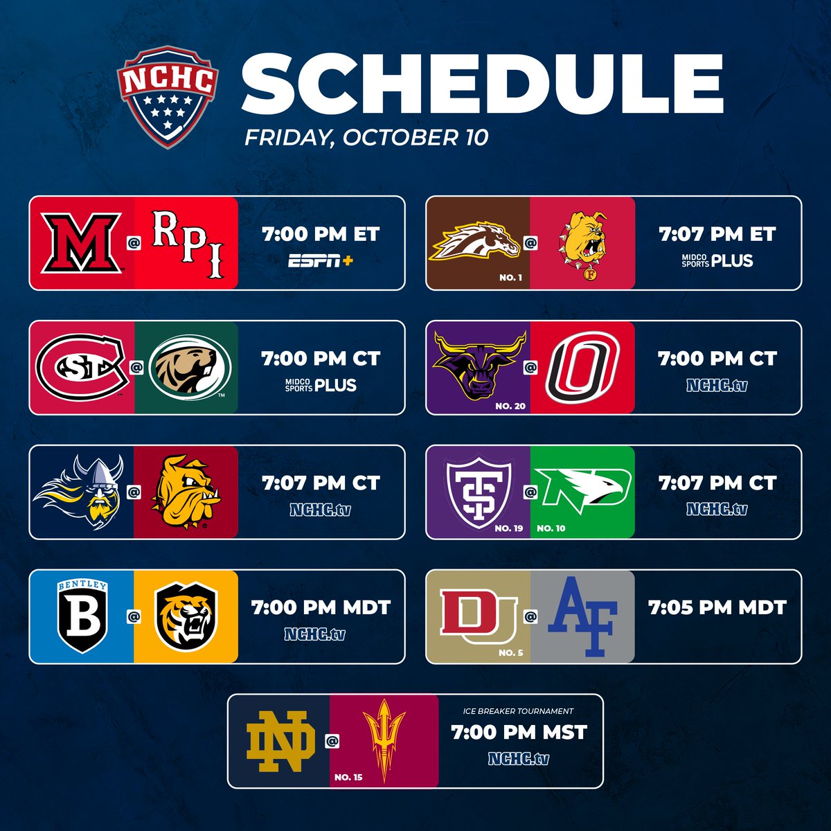 It's a full house tonight! 🏠

All 9 #NCHChockey teams are in action, while 5 games can be seen on NCHC.tv 📺

🗓️: bit.ly/NCHCschedule
🔢: nchchockey.com/scoreboard

#theNational