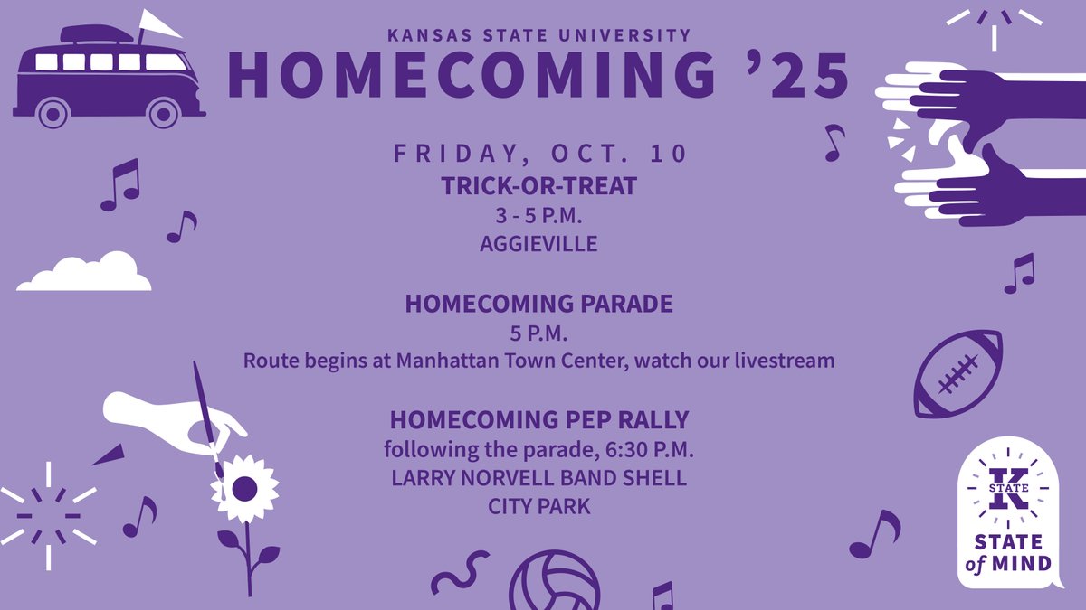 It's Friday of K-State Homecoming Week!
🎃 Trick-or-Treat in Aggieville, 3-5 p.m.
🥁 Homecoming Parade, route begins at Manhattan Town Center, 5 p.m.
WATCH OUR LIVESTREAM: bit.ly/ksuparadelives…
📣 Homecoming Pep Rally, Larry Norvell Band Shell, City Park, 6:30 p.m.
#KStateHC