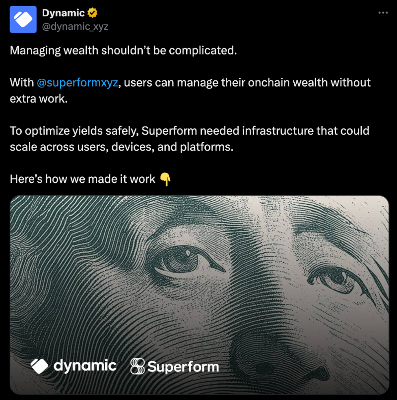 superformxyz's tweet photo. Better UX shouldn’t mean compromising on security. 

Superform accounts are powered by @dynamic_xyz TSS-MPC to enable institutional grade security alongside an effortless onchain experience. https://t.co/vjzvSuSeGa