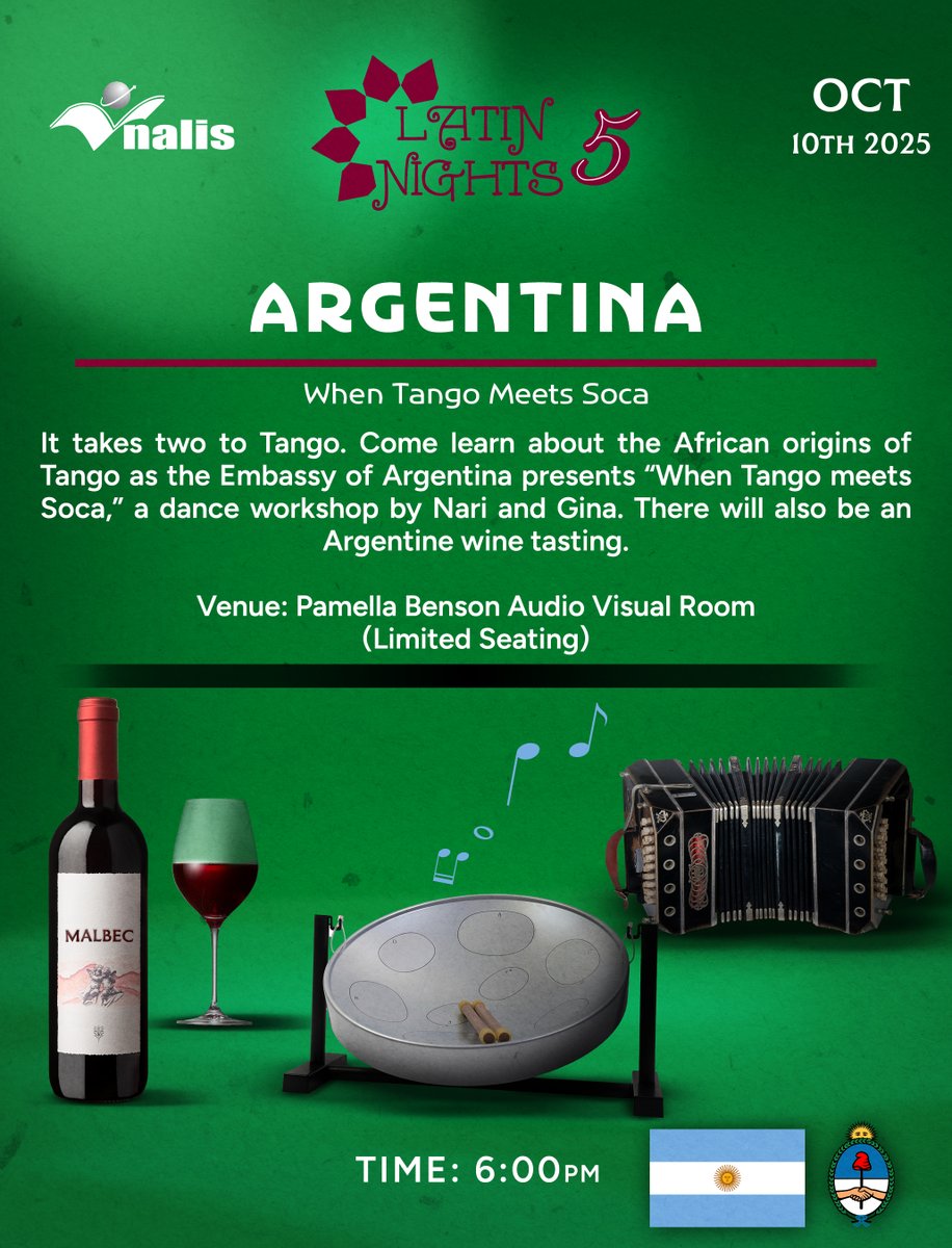 Latin Nights 5!
Come learn about the African origins of Tango as the Embassy of Argentina presents "When Tango meets Soca," a dance workshop by Nari and Gina.
Happening this evening, October 10, 2025 at the Pamella Benson Audio Visual Room, National Library at 6:00pm.