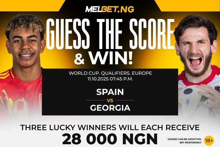 MelbetNigeria's tweet photo. 🎉 #GuessTheScore
👉 Follow MelbetNigeria
👉 Comment correct score + player ID
❗️ Only verified users. Predictions close at kickoff!
T&C at https://t.co/3c13fP5iJx ➡️Promotions
#wcq #worldcupqualifiers #spain #georgia #WinBonus #FreeBonus #GetBonus #MelbetFreeBonus https://t.co/IdjMWNhTfp