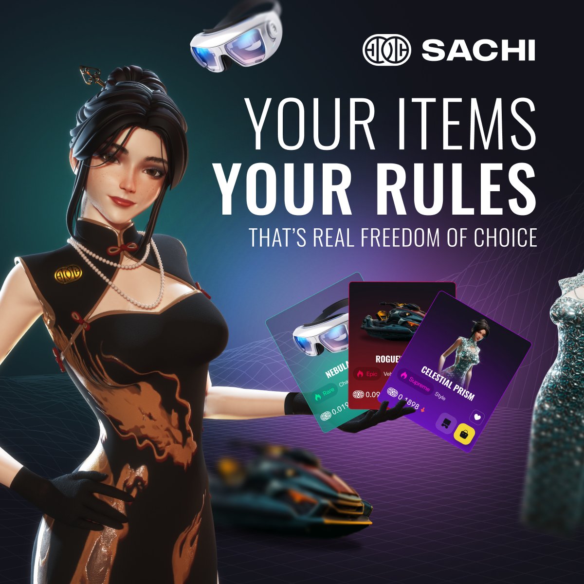 Your items. Your rules. 👑

Every skin, card, or accessory in the SACHI Unified Store comes with two paths:
🕹️ Account Gear → tied to your account, instantly usable, no blockchain needed.
💎 NFT → minted on-chain, tradable, ownable, and flex-worthy on the marketplace.

This