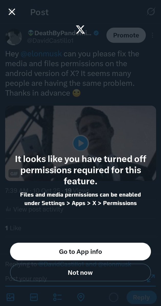 DavidCastillo1's tweet image. @elonmusk  @X  it&apos;s off and there&apos;s no option to allow permissions back again on the #android version. It&apos;s severely hindering my #shitposting abilities. 😟😔🥺
