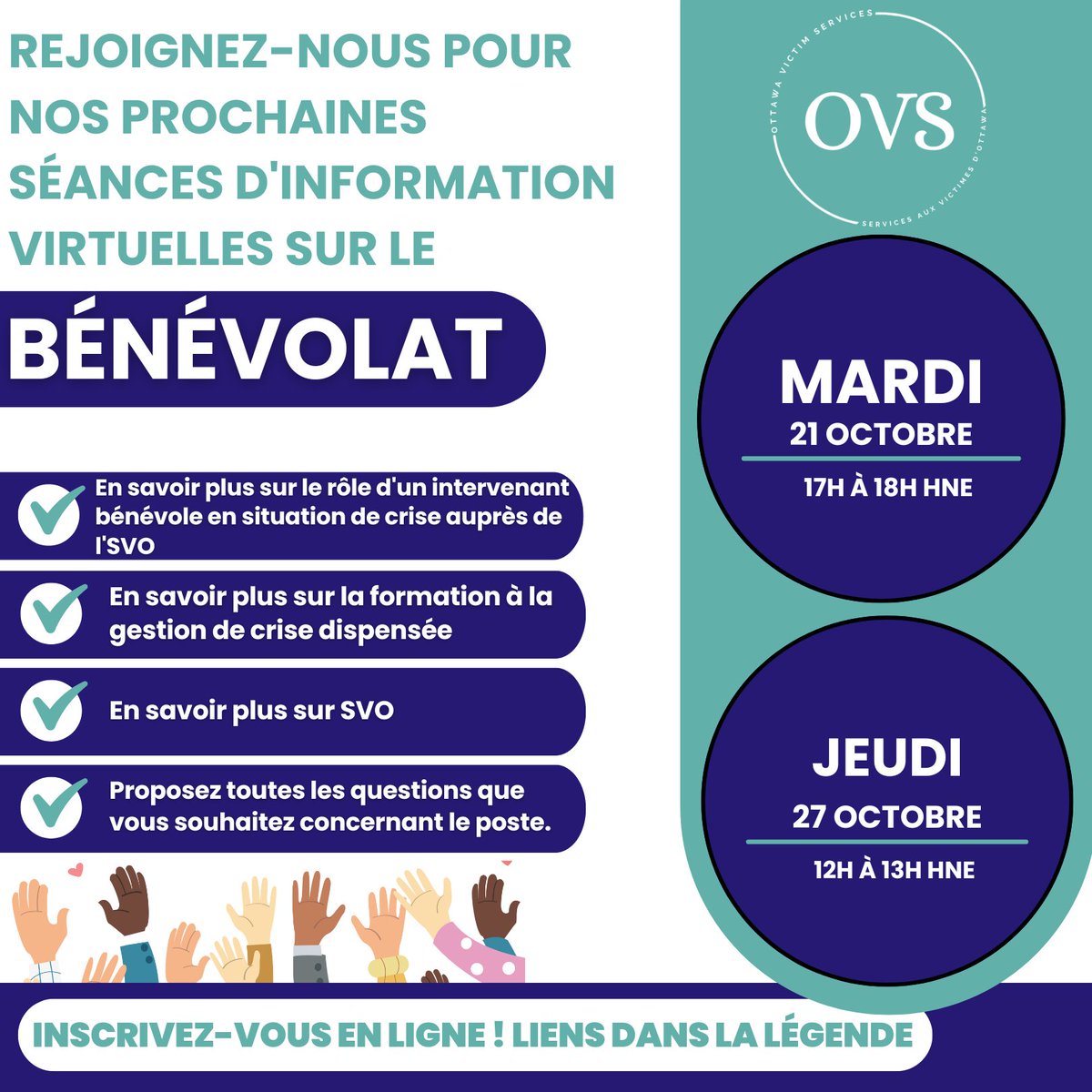 💚Interested in becoming a Volunteer Crisis Responder with OVS?

Join us for an information session to learn how you can make a difference in our Ottawa community.

October 21st from 5-6 pm: us02web.zoom.us/meeting/regist…

October 27th from 12-1 pm: us02web.zoom.us/meeting/regist…