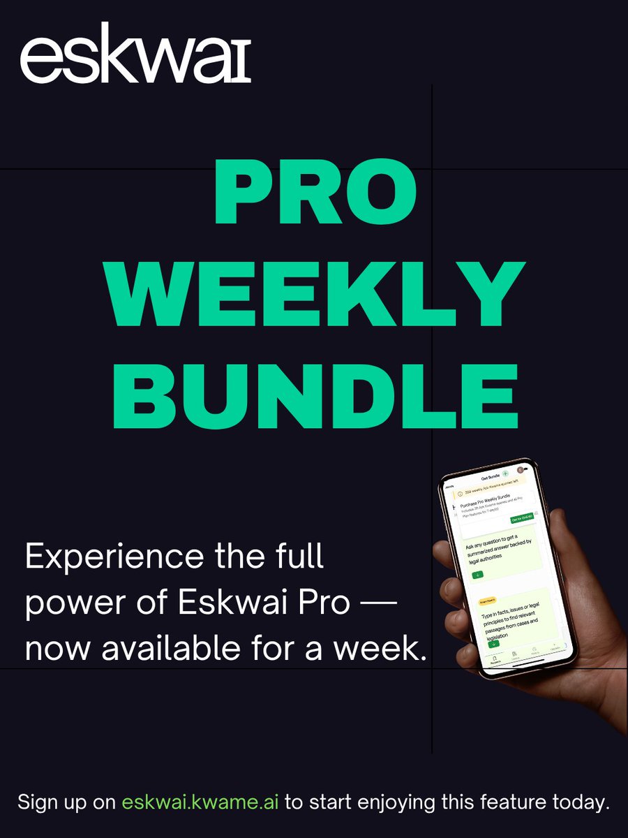 Not ready for a monthly plan yet?
Try the new Eskwai Pro Weekly Bundle ⚡
7 days. All Pro features.
Experience the power of Eskwai Pro
👉 eskwai.kwame.ai
#Eskwai #EskwaiPro #AILegalAssistant #LegalAssistant #AIforLaw #LegalTech.