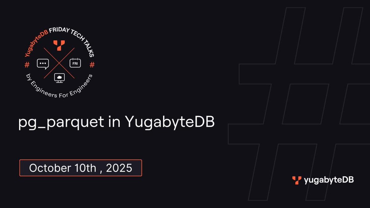 YugabyteDB (@yugabyte) on Twitter photo 📢The next YFTT is LIVE in ONE HOUR!
Join <a href="/Yugabyte/">YugabyteDB</a> co-founder <a href="/karthikr/">Karthik Ranganathan</a> and database expert Harsh Daryani as they discuss the upcoming pg_parquet extension support in #YugabyteDB.
Register now: na2.hubs.ly/H01t4qV0 📢The next YFTT is LIVE in ONE HOUR!
Join <a href="/Yugabyte/">YugabyteDB</a> co-founder <a href="/karthikr/">Karthik Ranganathan</a> and database expert Harsh Daryani as they discuss the upcoming pg_parquet extension support in #YugabyteDB.
Register now: na2.hubs.ly/H01t4qV0