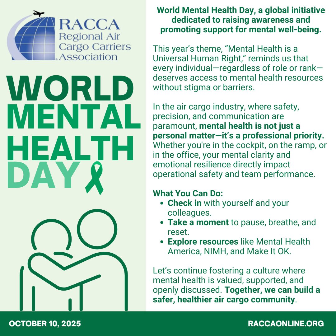 racca_connect's tweet photo. On #WorldMentalHealthDay, RACCA joins the global effort to prioritize mental well-being. By fostering understanding and open conversation, we can create a stronger, safer, and more supportive air cargo community. #MentalHealthMatters https://t.co/uMaUYiHpdF