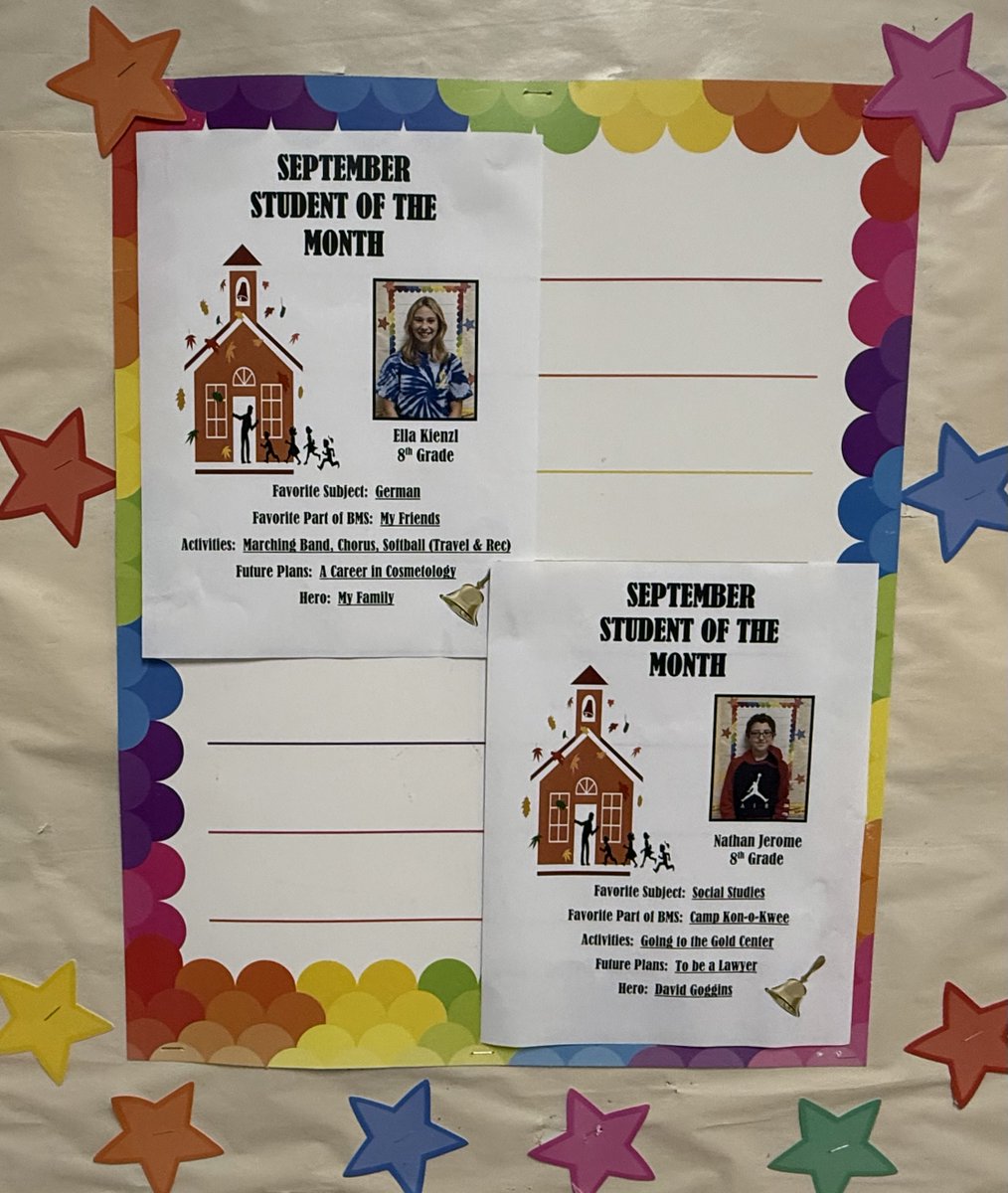 Congrats to Brentwood Middle School’s Sept. Students of the Month! Selection criteria incl.: academic achievement, peer interactions, kindness, teamwork &amp; leadership. #BBSD
6th: Aryabella Herman, Richy Schnelzer; 7th: Luken Brendel, Harley Hosni; 8th: Ella Kienzl, Nathan Jerome.