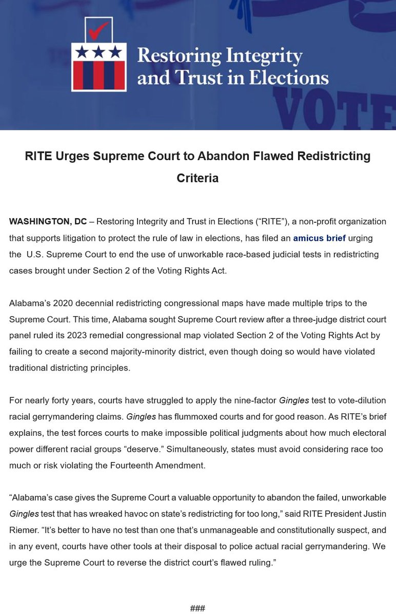 We've filed an amicus brief asking the U.S. Supreme Court to stop the use of unworkable race-based judicial tests in redistricting cases. An Alabama case gives the court the chance to abandon the failed Gingles test.

Our brief: riteusa.org/wp-content/upl…