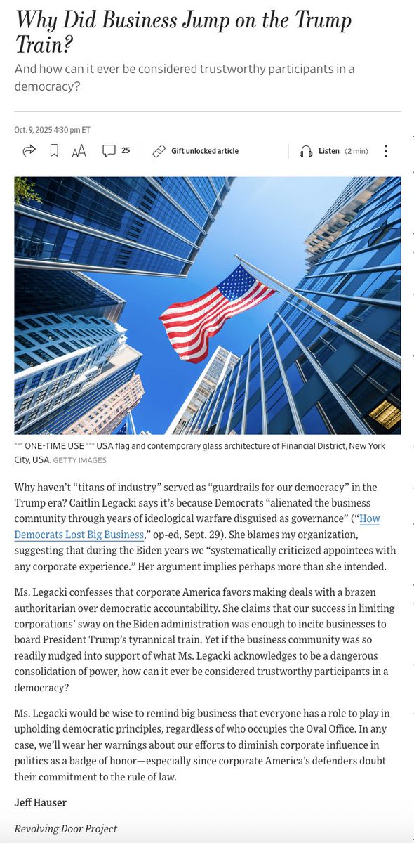 revolvingdoorDC's tweet image. Corporate America’s mouthpieces claim the few limits on corporate influence we helped win during the Biden admin drove Big Business to board Trump’s tyrannical train.

If so, how can Big Business ever be trustworthy participants in a democracy?

Our @jeffhauser in the @WSJ: