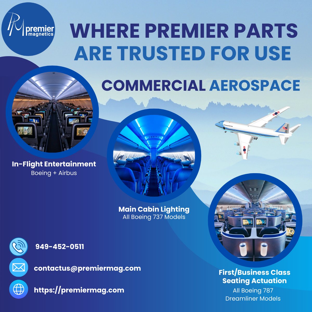 #PremierMagnetics components are used in a wide variety of electronic systems in #Boeing and #Airbus commercial aircraft. We intimately understand AS9100 requirements. #AeroSpace #powerelectronics