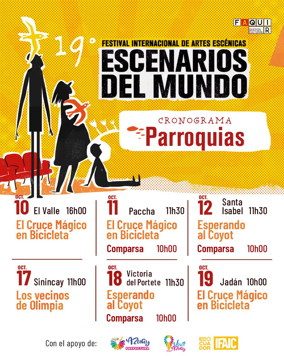 El teatro llega a tu parroquia. 🎭 ✨️

Hoy inicia el Festival Internacional de Artes Escénicas "Escenarios del Mundo". 💫

📅 Revisa el cronograma. 👇

#AzuayMeEncanta
#AzuayEsElDestino
#JotaLloretPrefecto
#TransformamosVidas