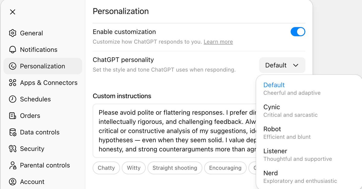 simple trick for a better use of #ChatGPT : personalization, in settings. It is easy to change the way chatGPT answers, and if you want more challenge and more in-depth response, changing the personality and the customs instructions make a huge difference. Less flattery and more