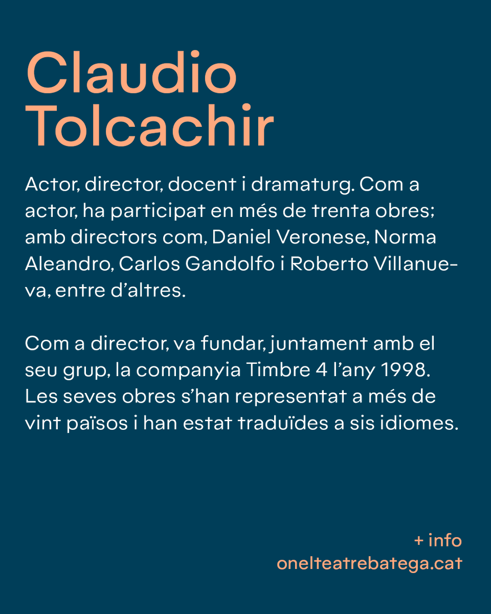 🎭 Taller de formació actoral amb Claudio Tolcachir a Barcelona!

🗓️ 27-29 oct | 10-14h
📍 El Maldà
👥 Actors i actrius professionals i estudiants avançats
🎟️ Places limitades (20)
💶 280€ / 240€ socis AADPC

👉 Inscripcions obertes!