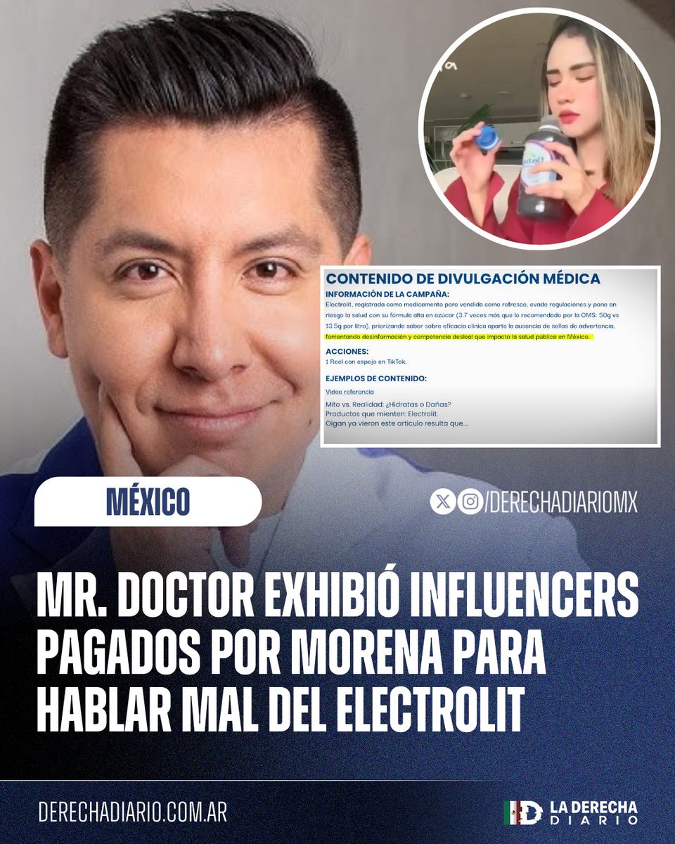 DerechaDiarioMX's tweet image. 🇲🇽 | EXHIBIÓ LA FARSA: El influencer Mr. Doctor exhibió en un video a los influencers "médicos" pagados por Morena para hablar del Electrolit: Mr Doctor adjuntó guiones y hasta el pago por 48 mil pesos que les enviaron para justificar sin sustento los impuestos a la bebida.