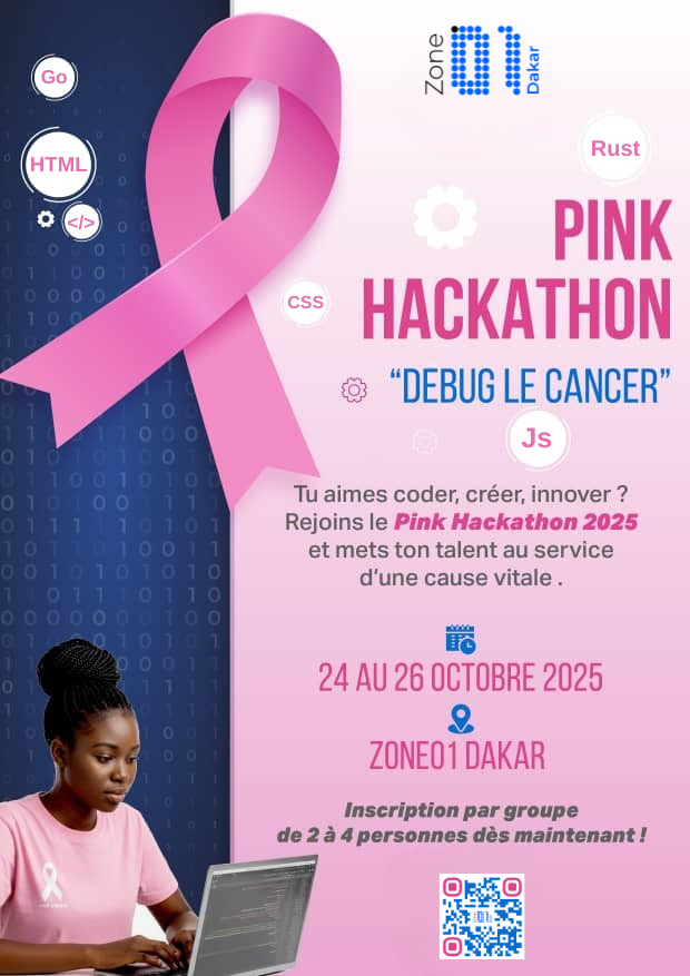 z01Dakar's tweet image. 1ʳᵉ édition du Pink Hackathon  du 24 au 26 octobre 2025, 
Inscris ton équipe (2 à 4 personnes) dès maintenant via le lien du formulaire ci-dessous forms.gle/wcbVGpiqEcHPUF…
Pour plus d'informations, télécharge les TDR (Termes de Référence) disponibles sur le formulaire.
