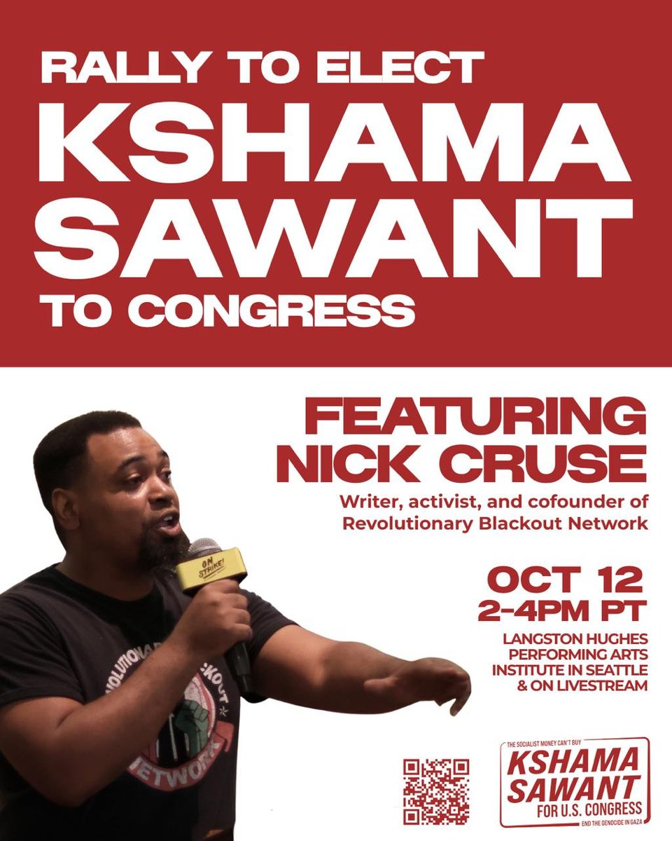 Kshama Sawant (@cmkshama) on Twitter photo Nick Cruse, <a href="/SocialistMMA/">Revolutionary Blackout🥋</a>, will speak at our Congressional campaign’s National Rally this Sunday, October 12th.
Nick is a writer, activist, and co-founder of <a href="/RevBlackNetwork/">Revolutionary Blackout Network</a> who has been covering the genocide in Gaza since it began. Nick correctly criticizes so-called Nick Cruse, <a href="/SocialistMMA/">Revolutionary Blackout🥋</a>, will speak at our Congressional campaign’s National Rally this Sunday, October 12th.
Nick is a writer, activist, and co-founder of <a href="/RevBlackNetwork/">Revolutionary Blackout Network</a> who has been covering the genocide in Gaza since it began. Nick correctly criticizes so-called