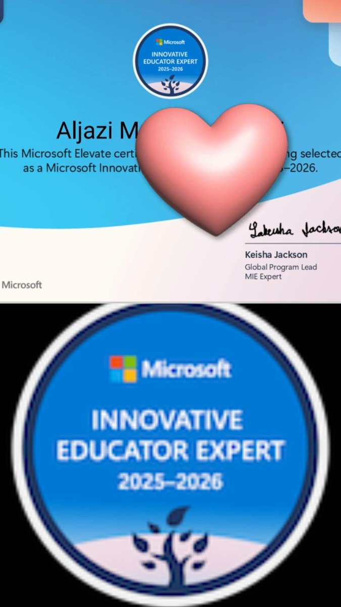 IvXhx3IsjLuwj9L's tweet image. بفضل من الله تم حصولي على شهادة وشارة
#خبير_مايكروسوفت_للتعلم_الإبداعي لعام 2025-2026
كل الشكرلقروب فريق الدعم مايكروسوفت الأبداعي لجهودهم ودعمهم   
#MIEExpert
@Microsoft_Saudi
@MicrosoftLearn
@Microsoft
@abeermehdar
@MScreativeteam