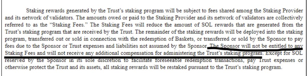 Excerpt from Canary Capital's Solana ETF filing detailing staking rewards and fees
