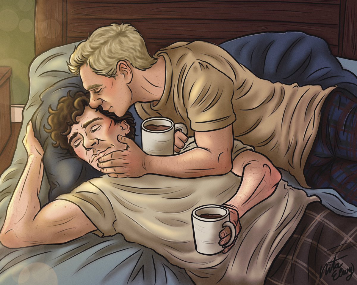 Coffee filled the room before Sherlock stirred. “Good morning, sleepyhead,” John murmured, setting the mugs down. Sherlock only smiled, pulling him close, face against the soft scratch of stubble
#Johnlock #JohnlockFanart #nitaelwyart
