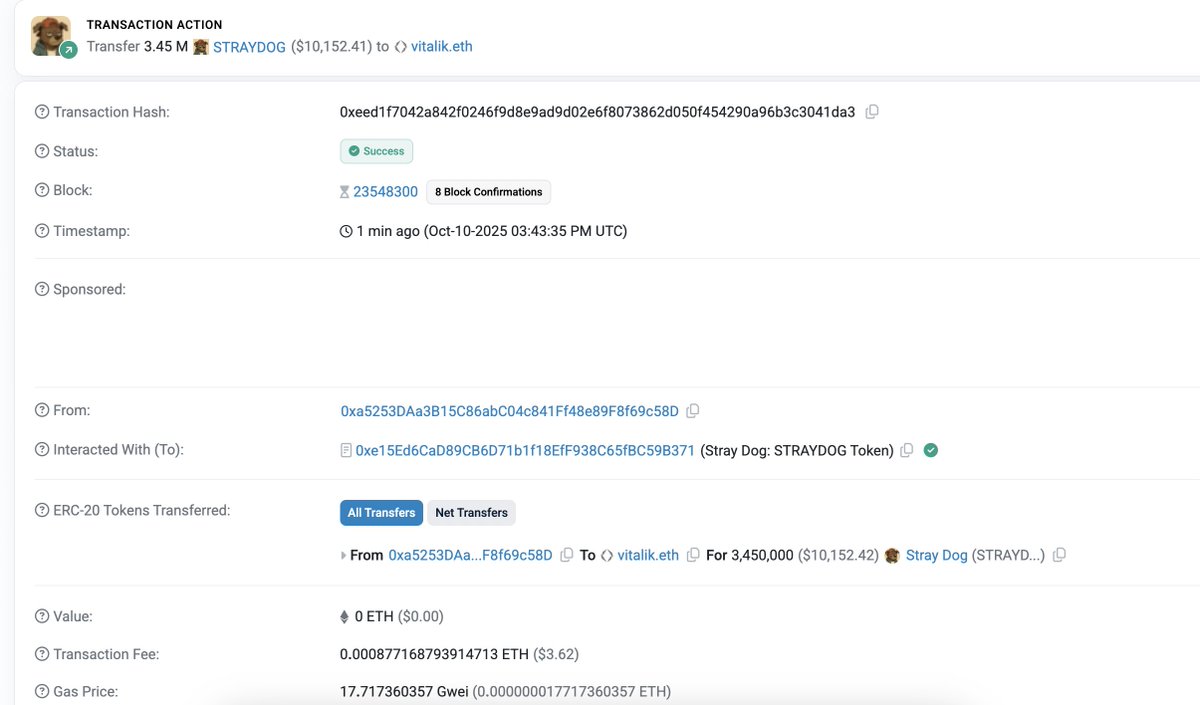 straydogcoin's tweet photo. .....more $STRAYDOG getting beamed to Vitalik by the 69ers… bro what is happening 😂🐕💸

is this art? is this prophecy? idk but i’m hoooowling https://t.co/TRDp4xATMQ