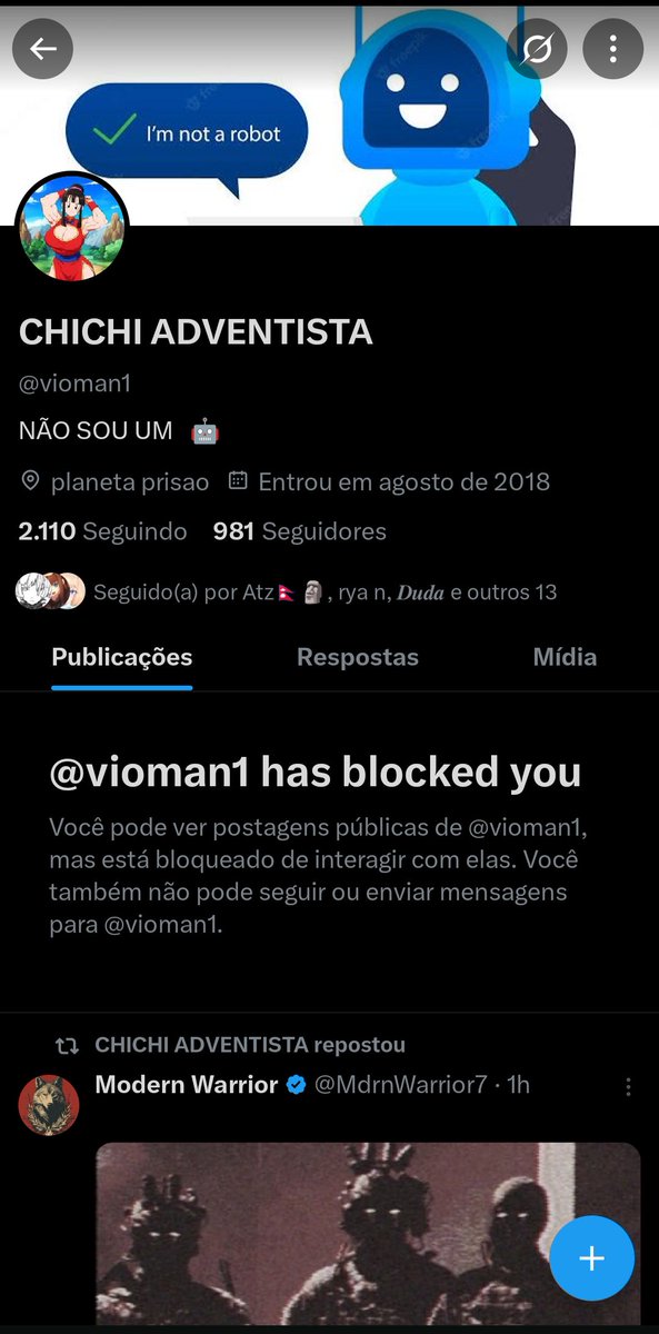 O cara me deu block por causa de Dragon Ball. Enfim, caguei também, nunca conversamos mesmo, nem sei porque veio me seguir tbm, vaza.