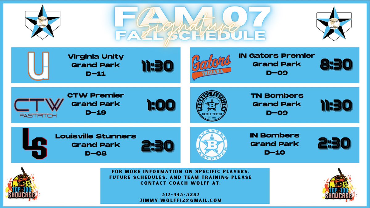 💯Top 100 💯 
🏟️Grand Park Westfield, IN🏟️
1️⃣ 11:30AM VS VA Unity D11
2️⃣ 1:00PM VS CTW Premier D19
3️⃣ 2:30PM VS LS Stunners D08
4️⃣ 8:30AM VS IN Gators Premier D09
5️⃣ 11:30AM VS TN Bombers D09
6️⃣ 2:30PM VS IN Bombers D10
<a href="/IN_BAMFAM/">Baseball/Fastpitch Academics Midwest</a> <a href="/PrepFastpitchSB/">Prep Fastpitch Tournaments</a>