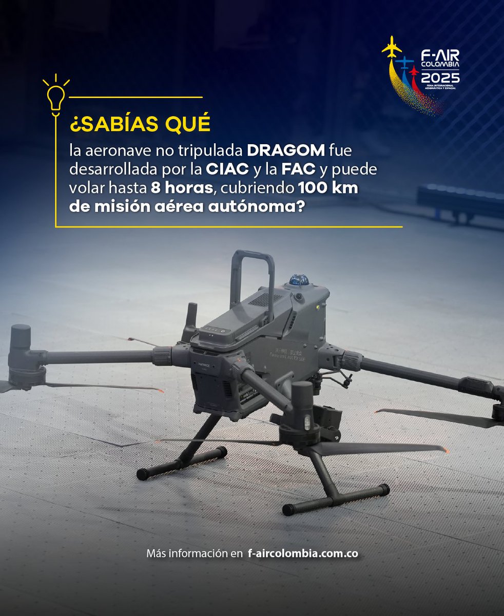 #DatoCurioso | ¡Colombia también diseña y construye drones militares!

🔧 Fue desarrollado por la CIAC y la Fuerza Aérea Colombiana. 
✈️ Es capaz de volar durante 8 horas continuas, cubriendo hasta 100 km.
🛠️Su diseño modular permite incorporar diferentes sensores o cámaras.