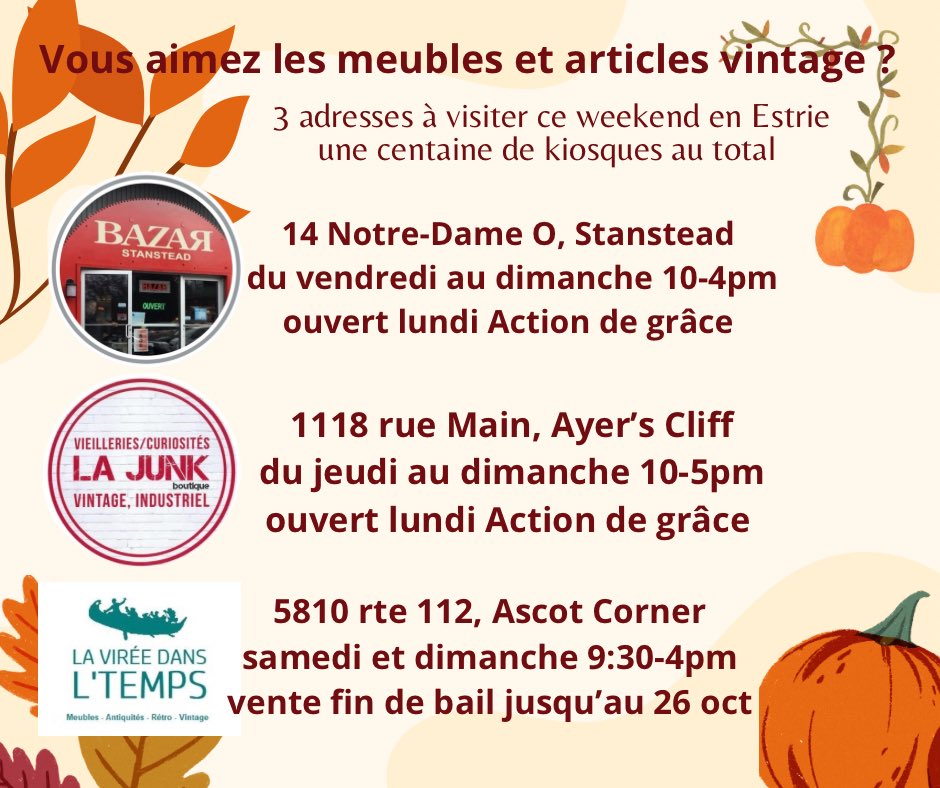 Idées de sorties pour ce long week-end de l’action de grâce;
🚘 Roadtrip les plus belles boutiques Vintage de l’Estrie!
#antiquites #antique #vintage #antiquemall #100booths #estrie #easterntownships #roadtrip #Thanksgiving