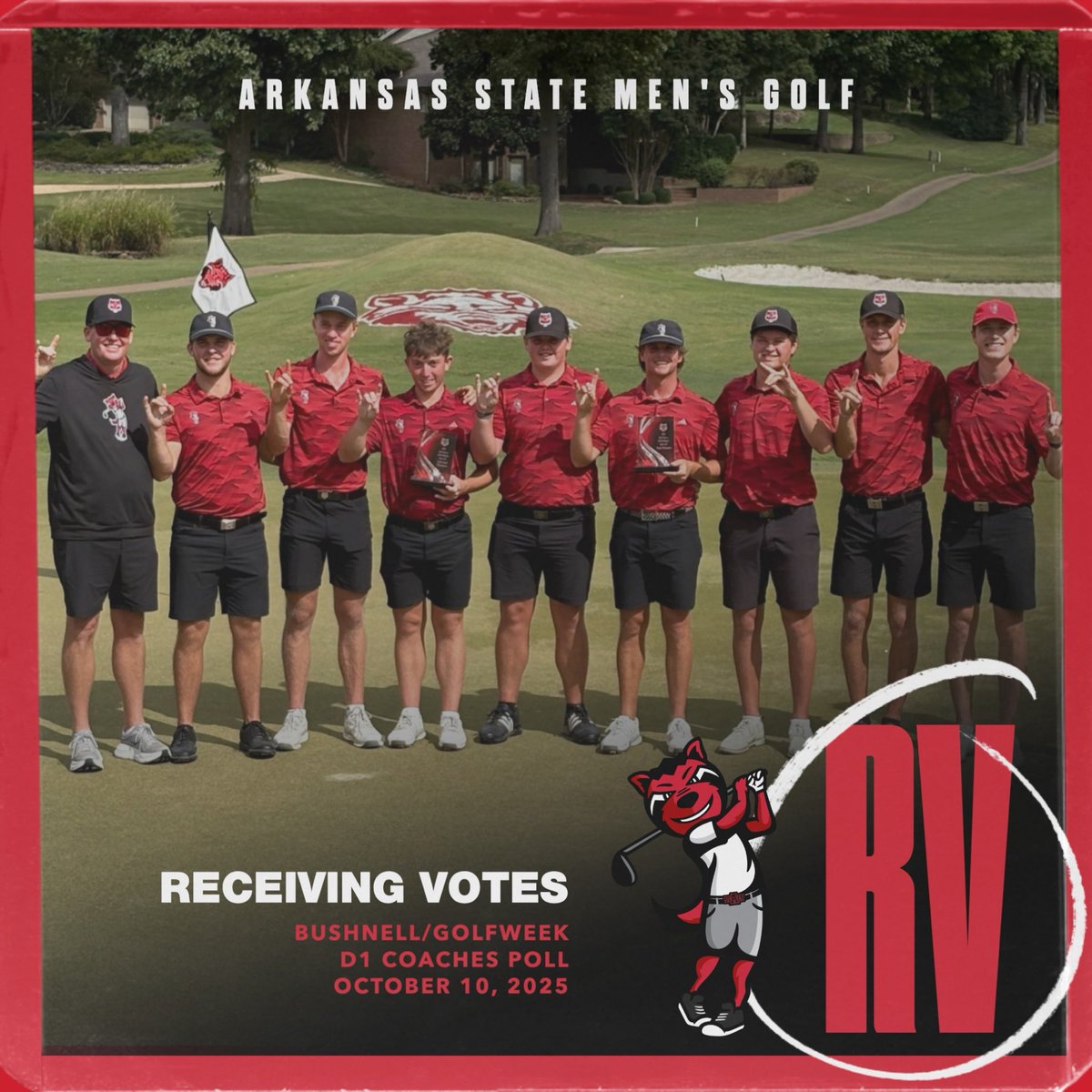 AStateMGolf's tweet image. A-State receiving votes in @GolfCoachesAssn Poll announced today #WolvesUp
Record: 47-11
Scoring Average: 277.83 (69.48)
Events Played: 4
Wins: 2
Rounds Under Par: 10
Program History Notes: 3 of top 4 low rounds | 3 of top 6 54-hole totals