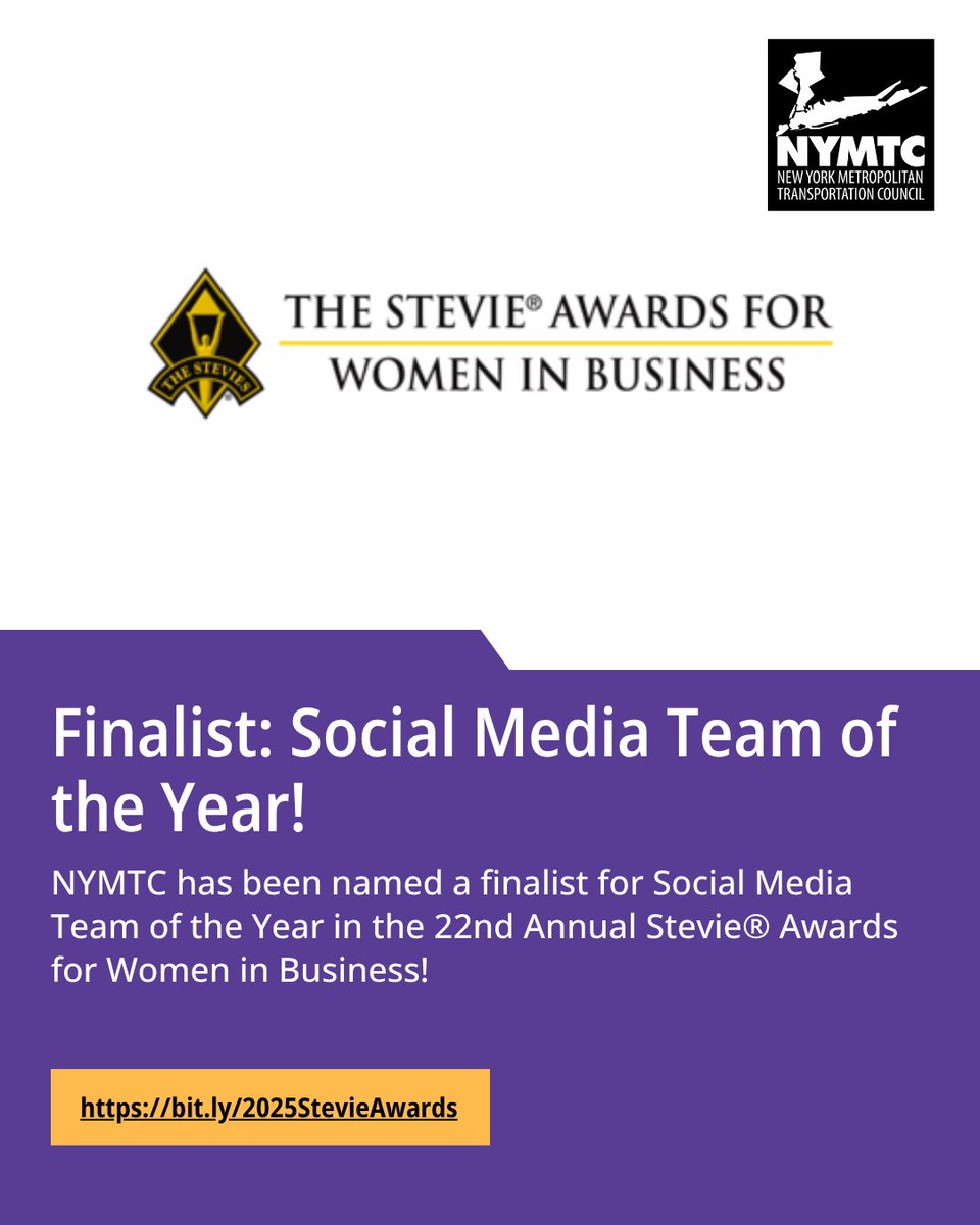 NYMTC's tweet image. 🚨 We’re a FINALIST! 🚨  

NYMTC is a finalist for Social Media Team of the Year in the 2025 #StevieAwards for Women in Business! 🏆  

We’re the only U.S.-based finalist in our category! See the full list: bit.ly/2025StevieAwar…  

#NYMTC #DigitalEngagement