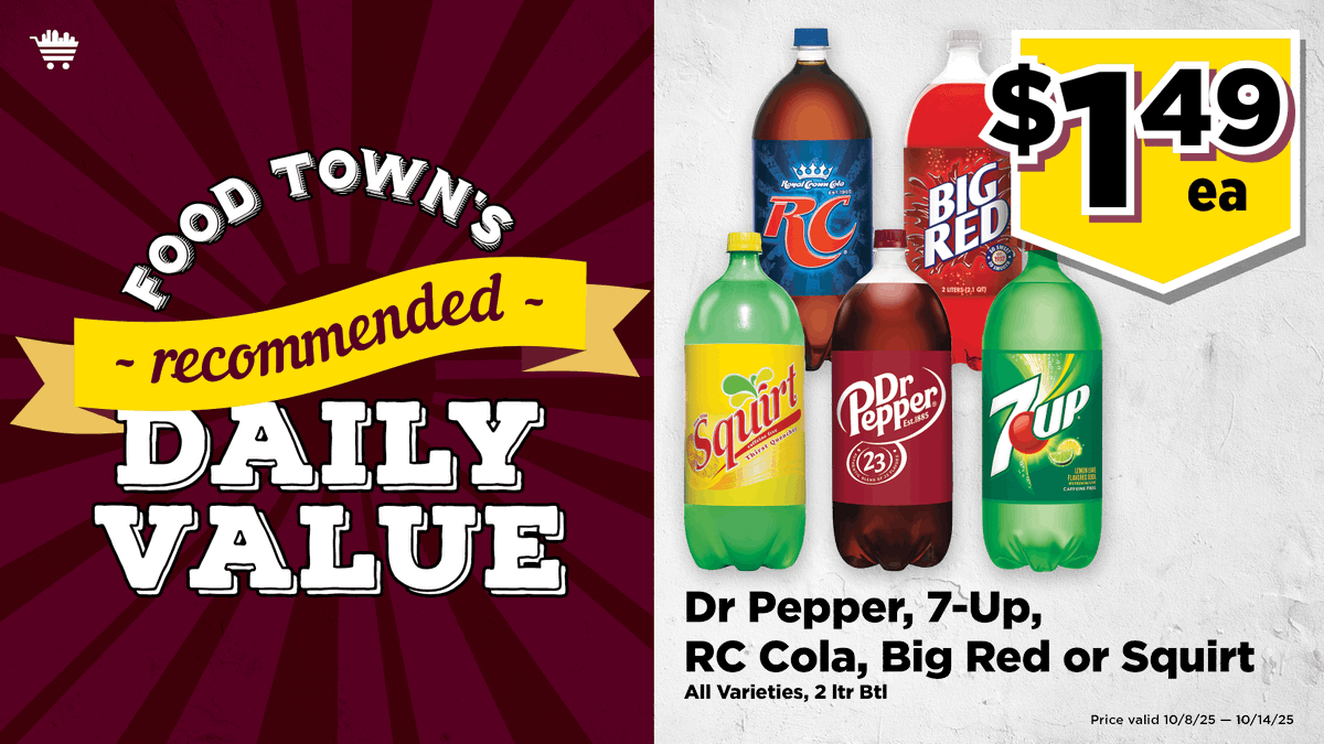 Food Town RDV: Dr. Pepper, 7-Up, RC Cola, Big Red, or Squirt. All varieties, 2-liter bottles: $1.49 each (Valid through 10/14/25). rdv #save #everydayvalues#foodtownhouston