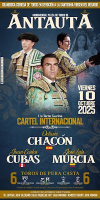 Antauta, en Melgar (Puno) PER hoy primera de Feria Virgen del Rosario con el peruano Juan Carlos <a href="/CubasLibre_/">Juan Carlos Cubas</a>, el español <a href="/octaviochaconof/">Octavio Chacón</a> y el colombiano José Luis Murcia que lidiarán reses de Perla de Coropuna, Guillermo Manrique y Puerta Grande <a href="/portaltaurino/">Portal Taurino</a>