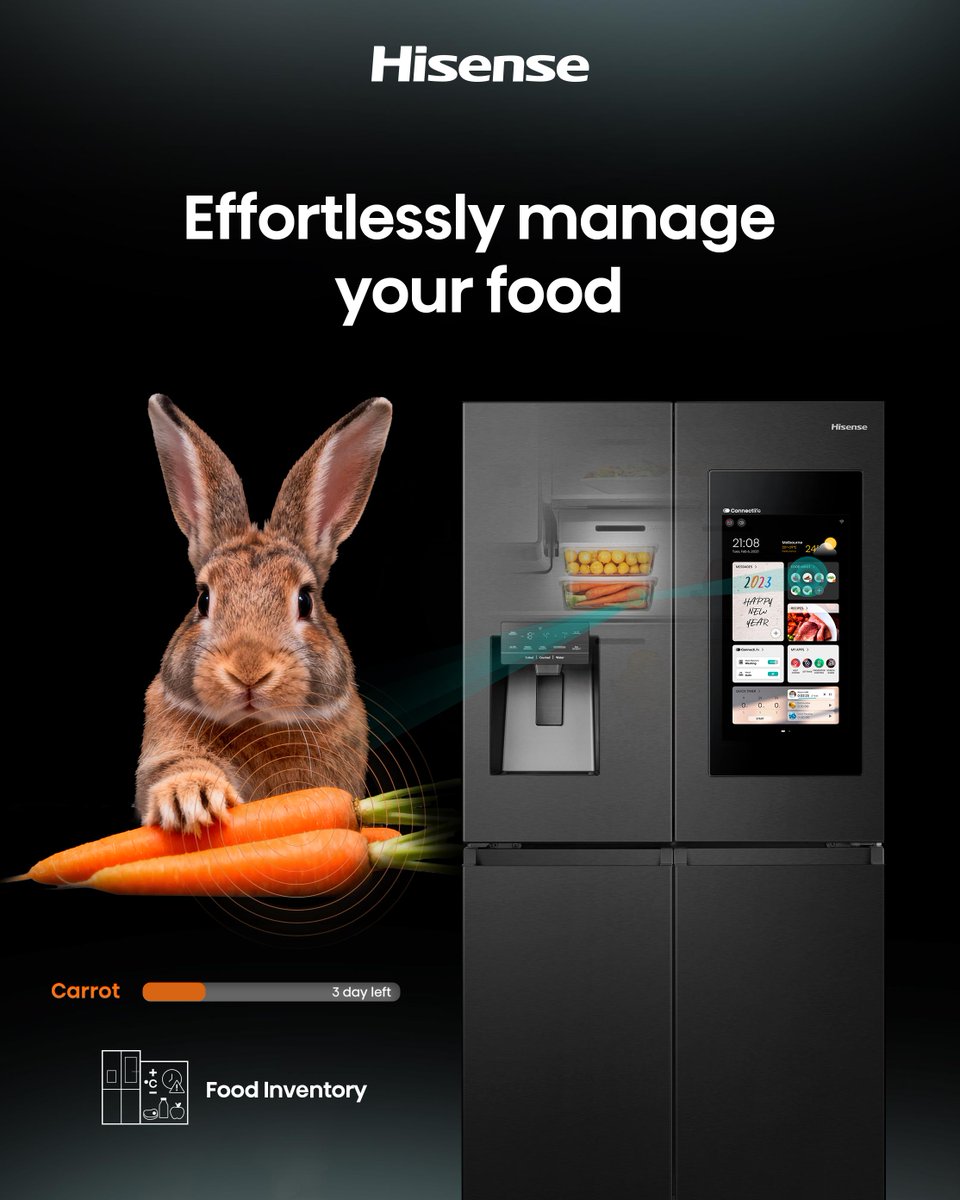 HisenseUg's tweet image. “Fresh carrots, just for me?”
With the #Hisense #SmartFridge , the food inventory feature keeps every bite fresh — add, name, and track your food with smart reminders before it expires.
So your fridge always feels like a treasure box of freshness. ✨ #PureFlatSmart…