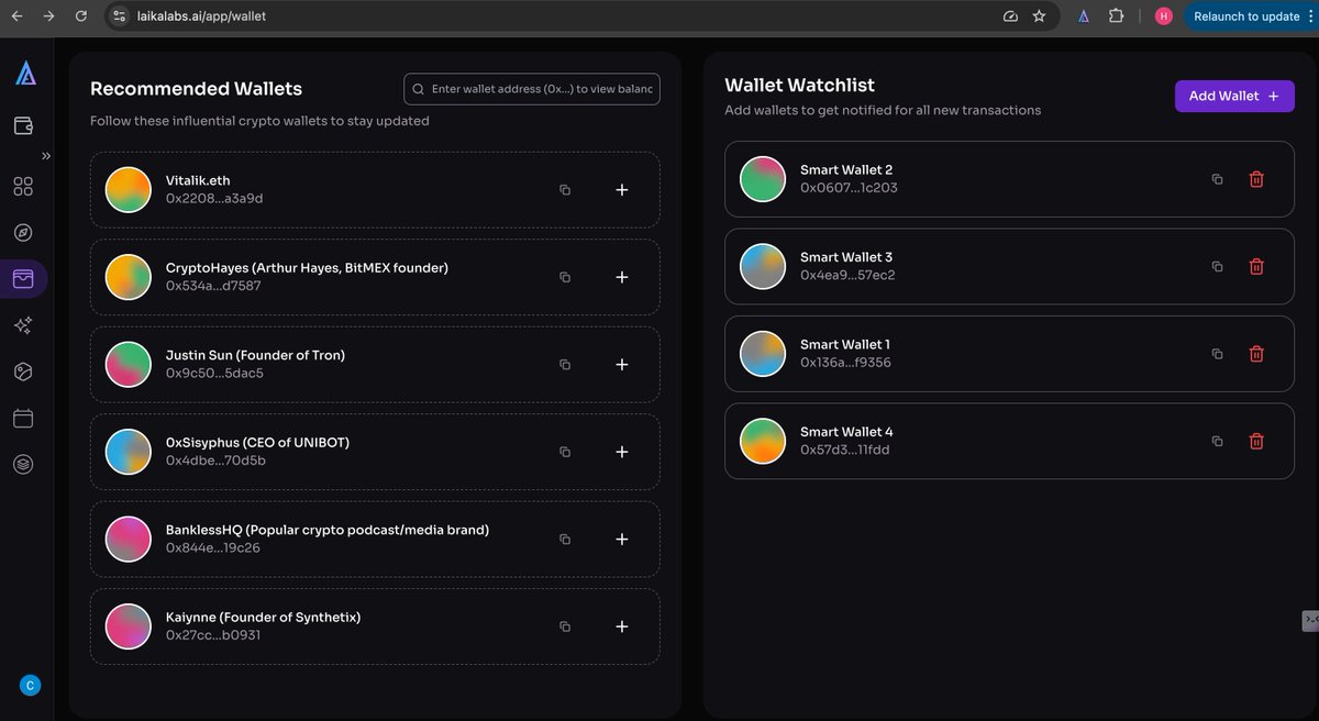 Track ANY wallet or follow the pros - all in one place! With Laika AI, you  can: ✓ Monitor your own wallets with custom alerts ✓ Follow influential crypto  wallets ✓ Get