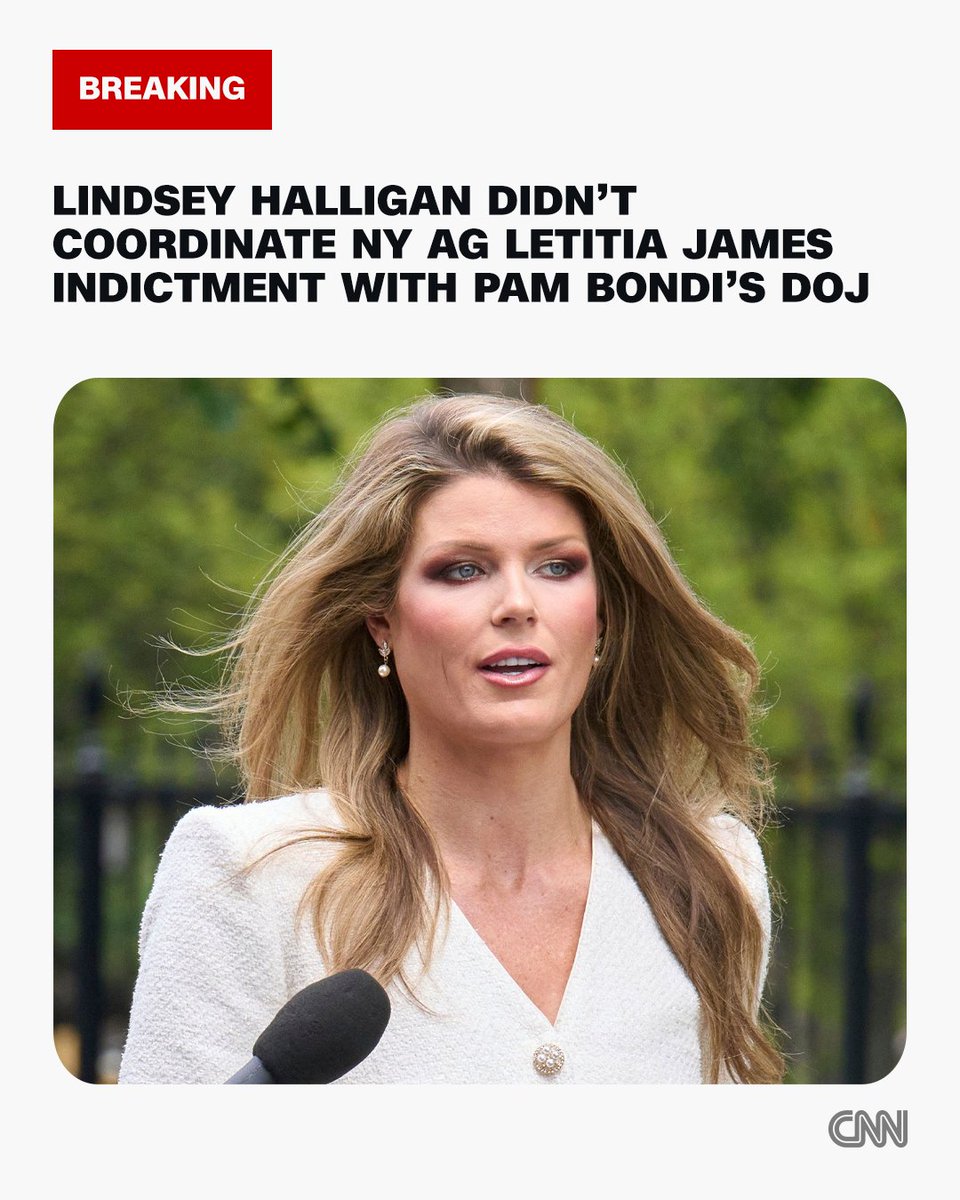 cnnbrk's tweet image. Trump's handpicked US attorney Lindsey Halligan didn't coordinate with DOJ on NY AG Letitia James' indictment, sources say
cnn.it/46KSphv