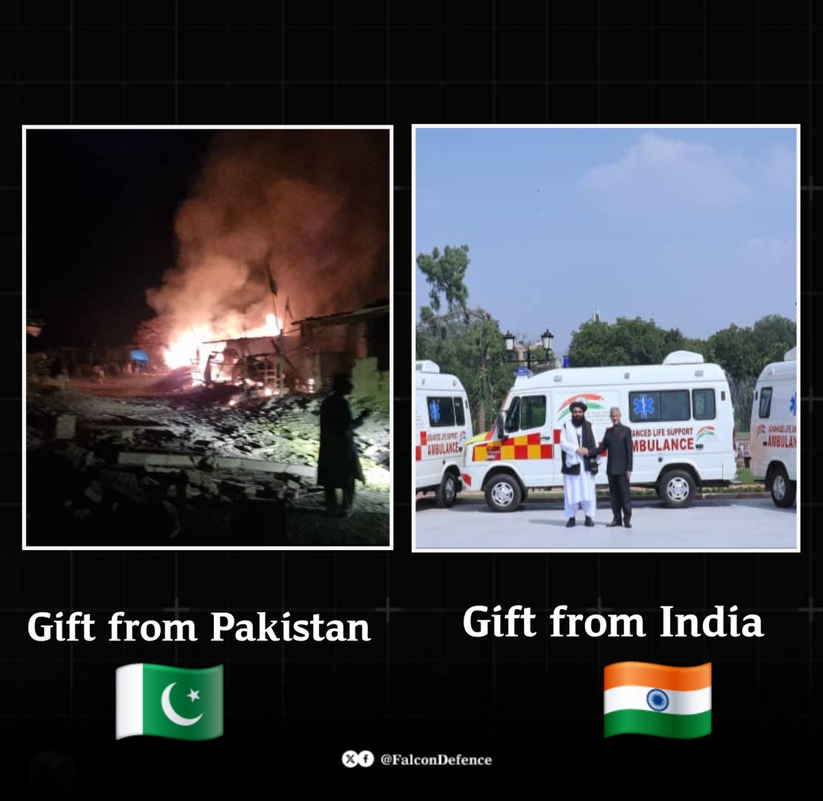 FalconDefence's tweet image. These are gifts from both countries. Think about it  which country will Afghans choose? They will certainly choose India, because it does not kill us and does not violate our airspace.
#pakistan #India #Afghanistan