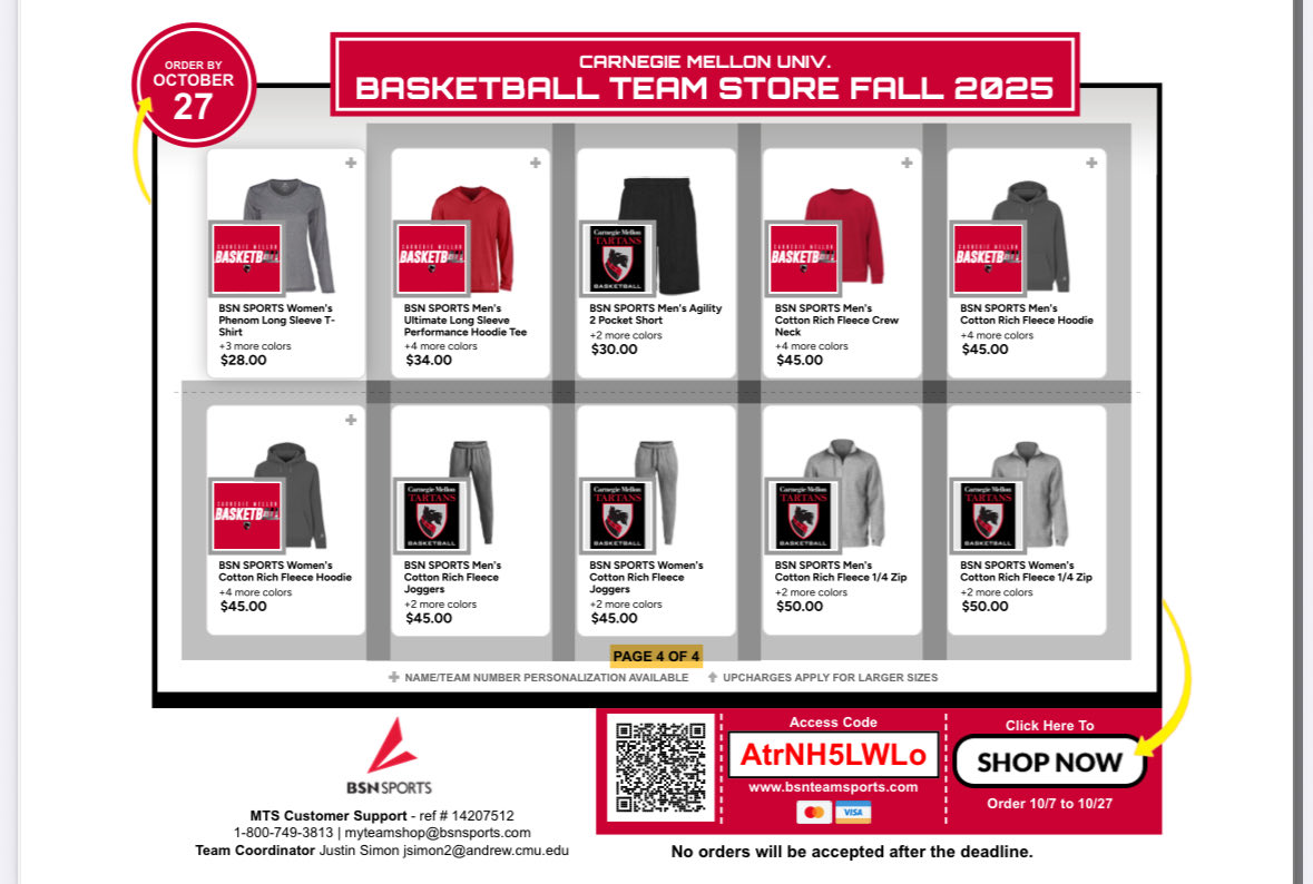 🏀🔥 REP THE TARTANS! 🔥🏀

The Carnegie Mellon Men’s Basketball Team Store is officially OPEN! Grab your CMU basketball gear now.

Limited-time only… store closes on October, 27th

🔗 bsnteamsports.com/shop/AtrNH5LWLo

#TartanProud 🏀🔴⚫️