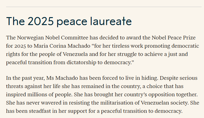 Isnt this everything Trump has done, except Trump has done it 10 fold? Perhaps even more in most areas... He even took a bullet to the ear, has Machado been shot at? I dont agree with this at all, <a href="/NobelPrize/">The Nobel Prize</a> do better! She's had a hard life, no doubt, but so has many others.